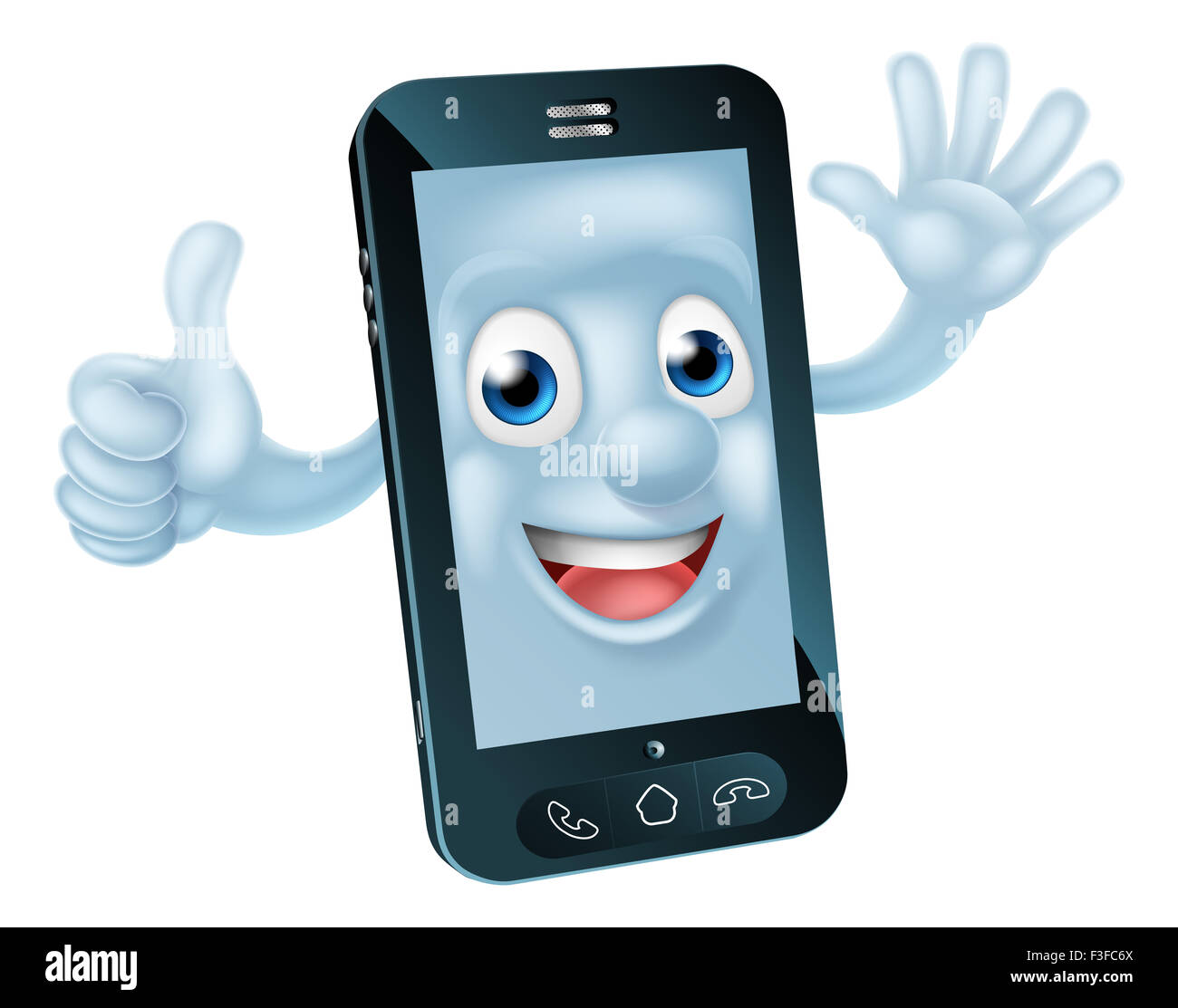 Handy-Cartoon Charakter winken und geben einen Daumen nach oben Stockfoto