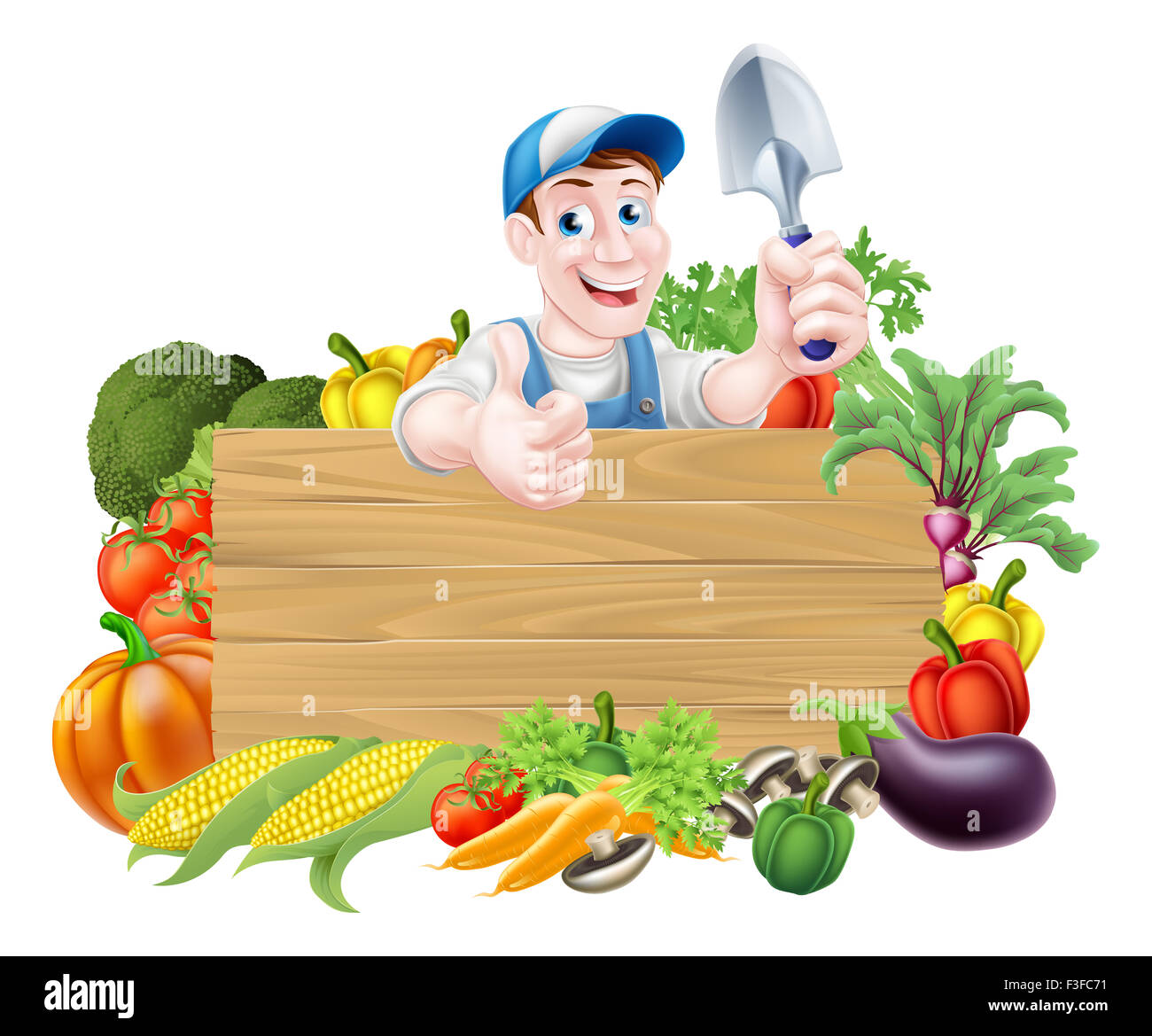 Gemüse-Gärtner Cartoon Charakter Zeichen. Ein Cartoon-Gärtner halten eines Garten Kelle-Werkzeugs über einem Holzschild, umgeben von ve Stockfoto