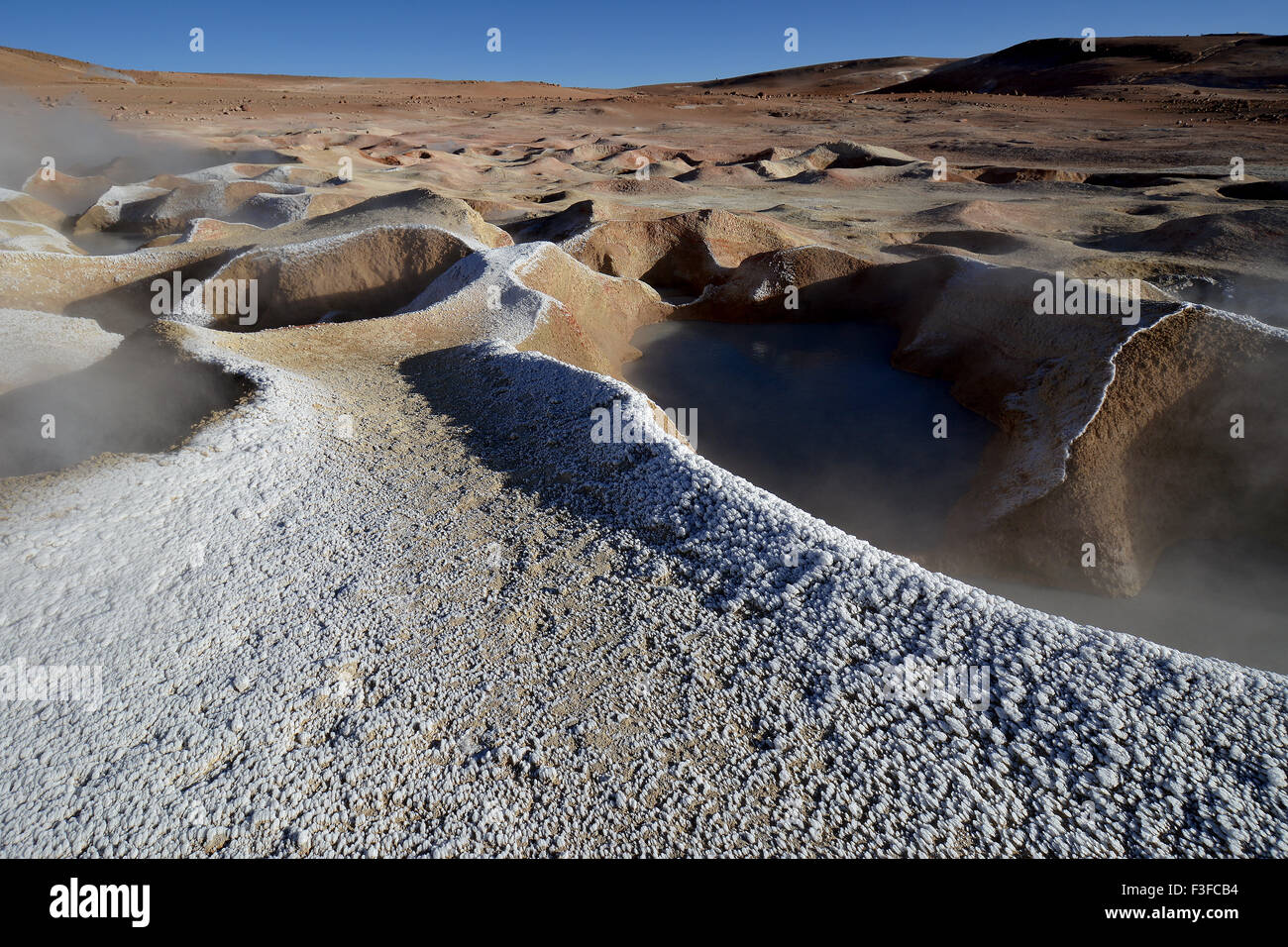 Geysire mit Wasserdampf, die am Rand in Eisblumen eingefroren wurden, Sol de Mañana Geothermiefeld, Altiplano, Bolivien Stockfoto