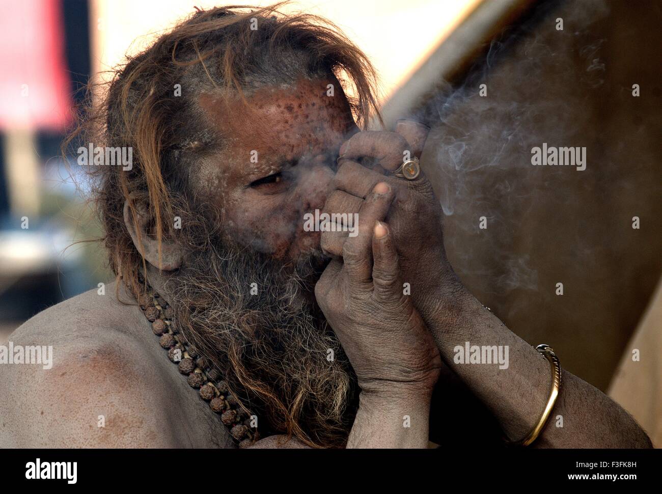 Ein Sadhu von Juna Akadha Rauch-Opium in ihrem Lager während der Ardh Kumbh Mela;; Indien Stockfoto