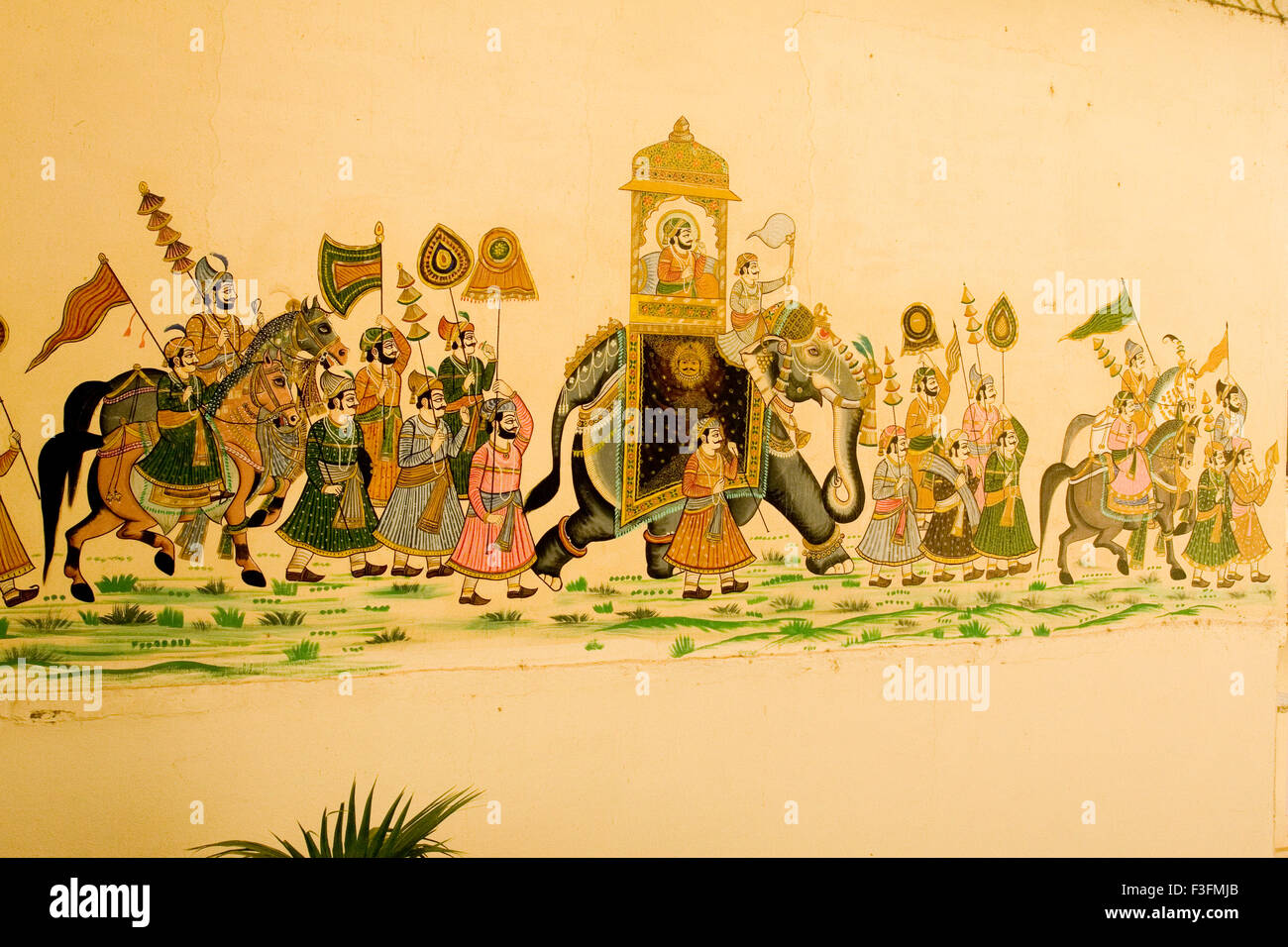 Fresko an Wand des City Palastmuseum; Udaipur; Rajasthan; Indien Stockfoto