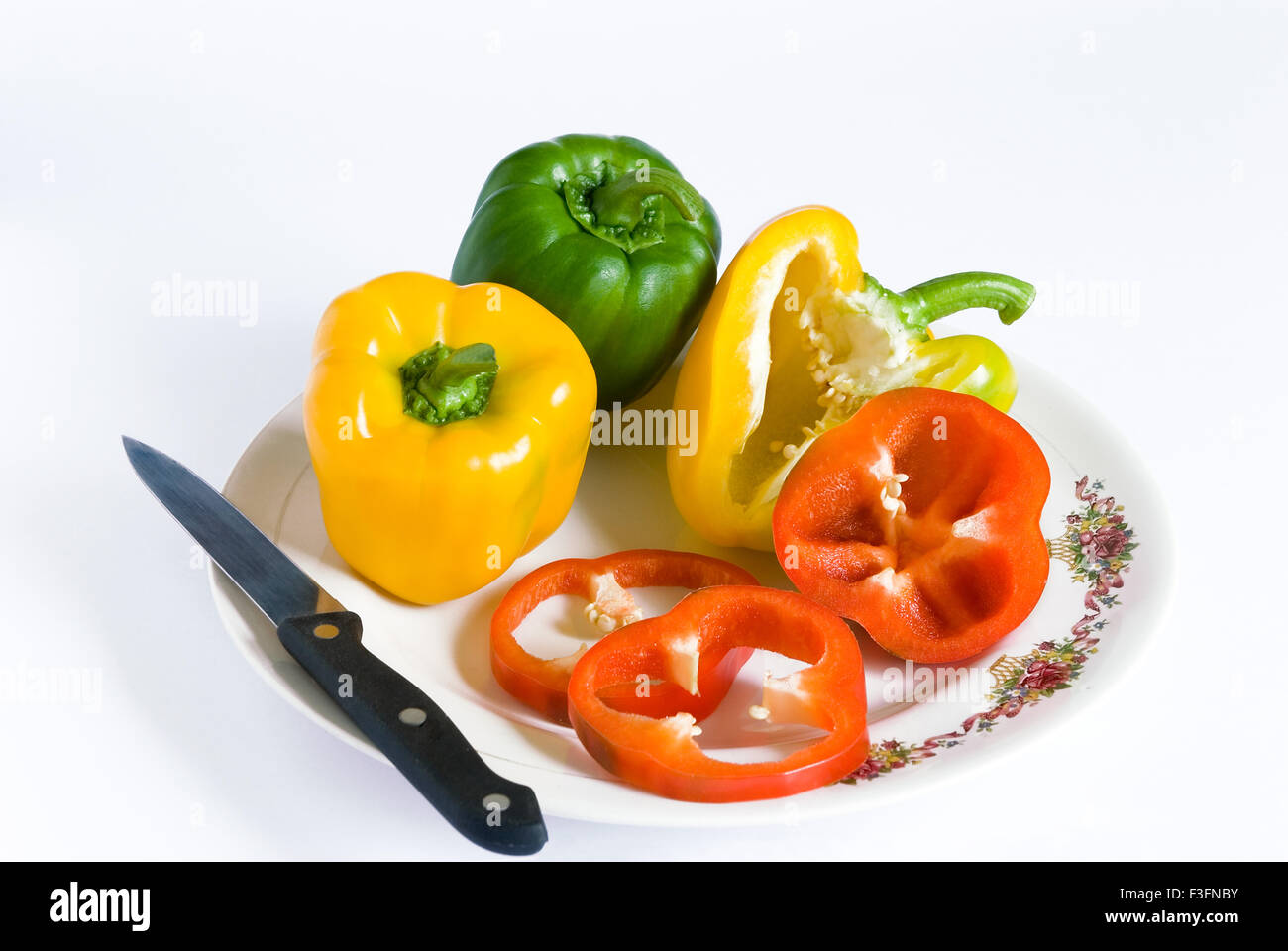 Die Paprika; Paprika rot; Grün; & gelb stammt aus Mexiko Stockfoto