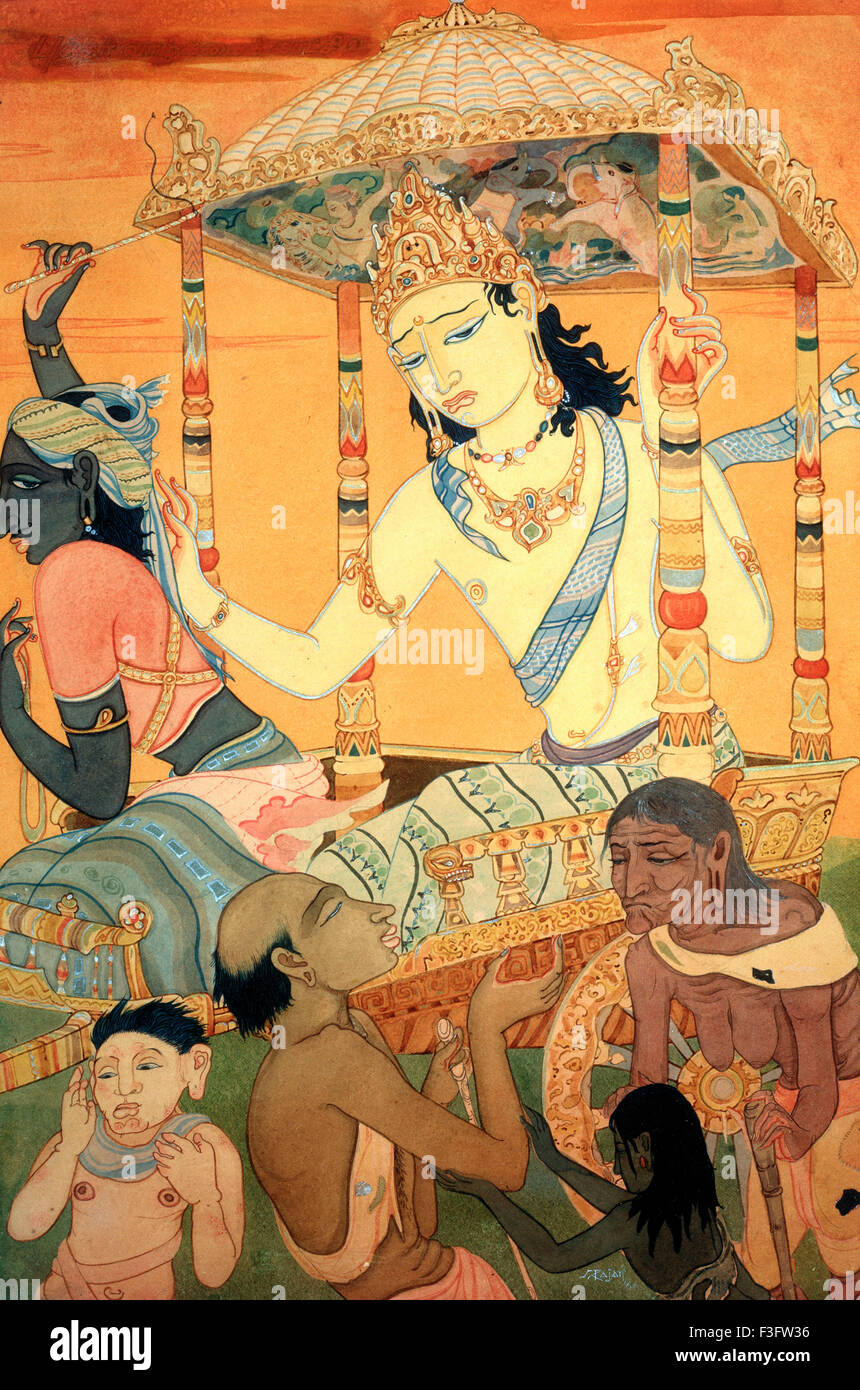 Buddha Gemälde Gautama Siddharta Prinz sieht Leiden, Alter und Tod, Stockfoto