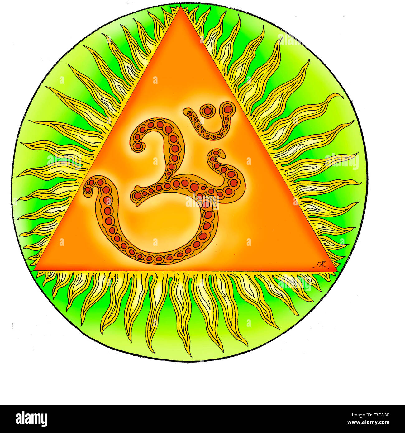 Hinduismus; hindu-Kunst; himalaya-Akademiekunst; Religion; Spiritualität; om; Mantra; Symbol; Dreieck; Sonne; runder Kreis; Indien; Indisch Stockfoto
