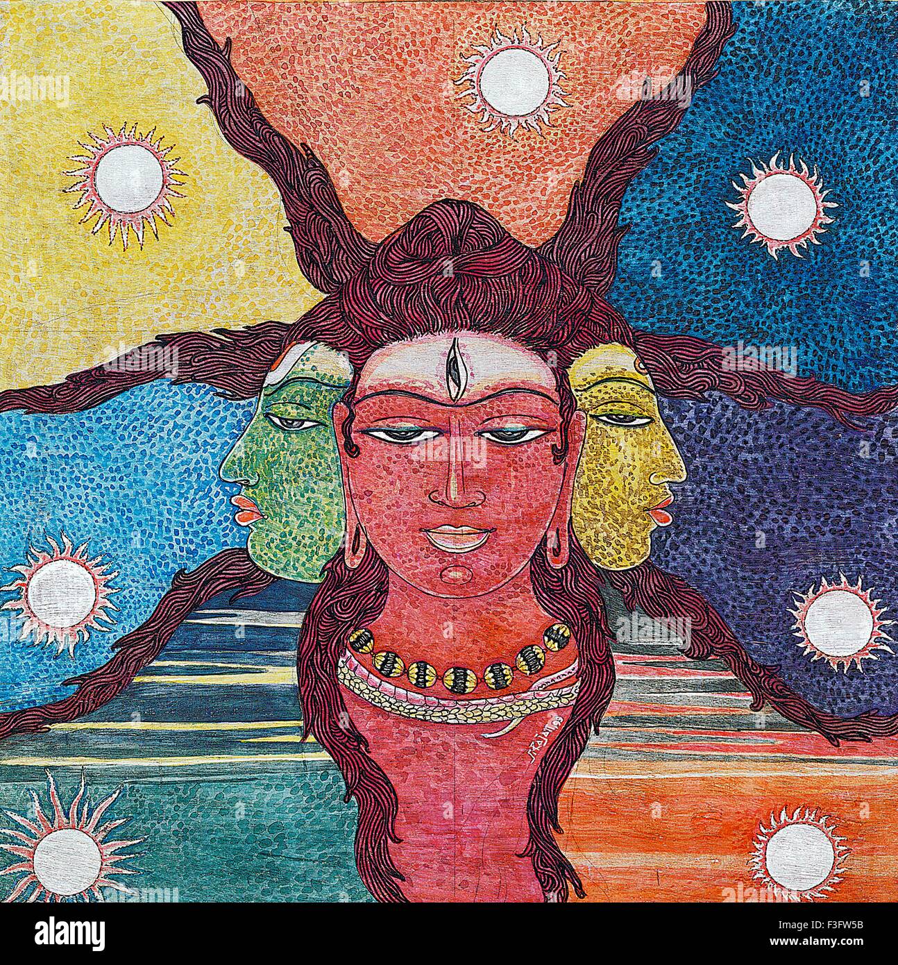 Künstler S. Rajam; Veden; hinduistischen Glauben Hinduismus Kunst Himalaya Akademie Trimurti Shiva Vishnu Brahma Hauptgott Stockfoto