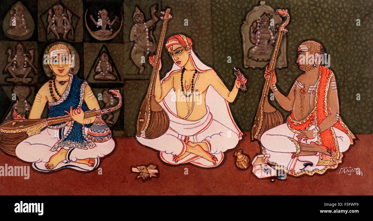 Hinduismus Kunst Religion Spiritualität Musik Musiker spielen Musikinstrument Sitar Song Hingabe bhakti singen bhajan shiviate sadhus Indien Asien Stockfoto