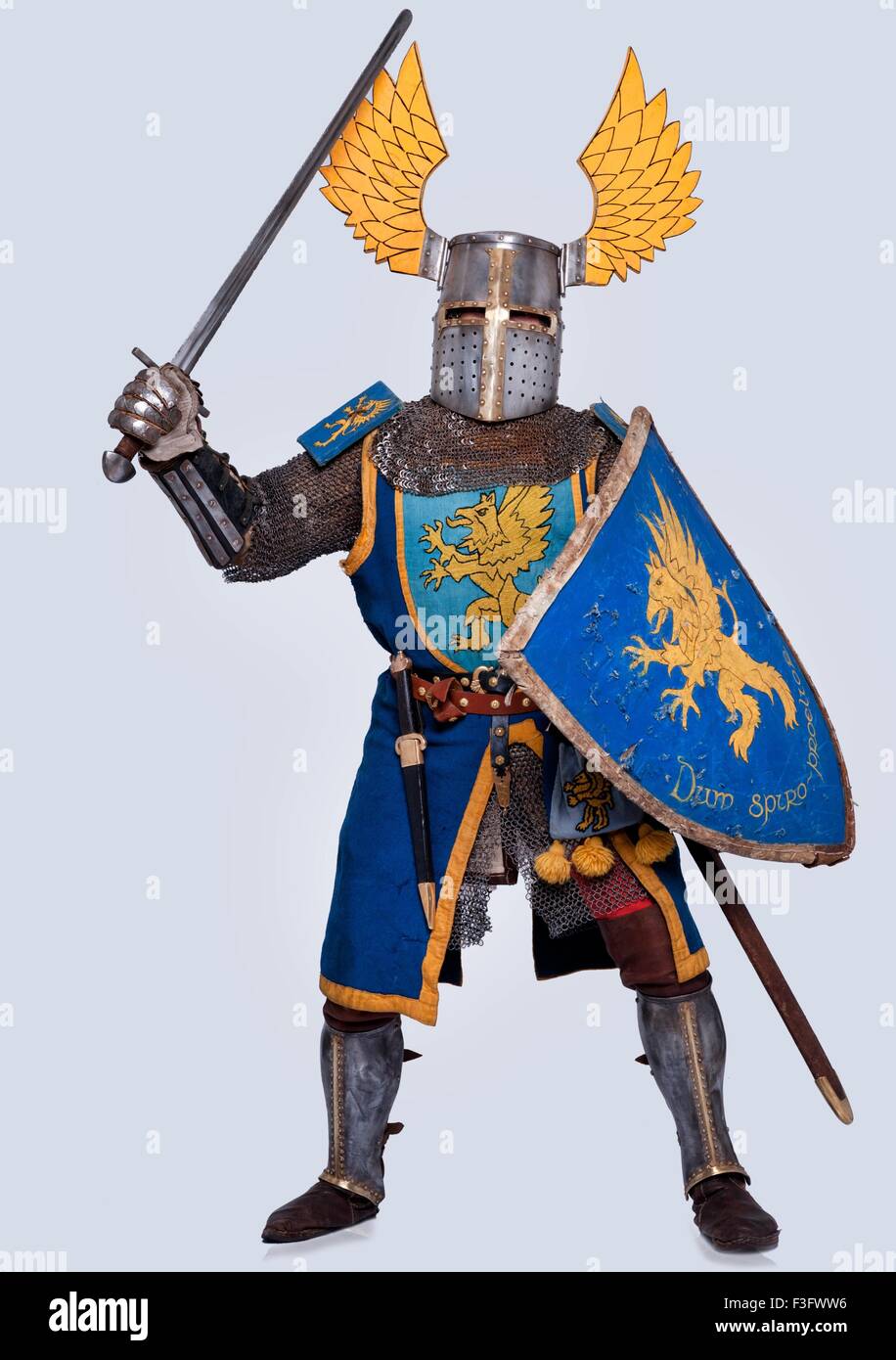 Mittelalterliche Ritter isoliert auf grauem Hintergrund. Stockfoto
