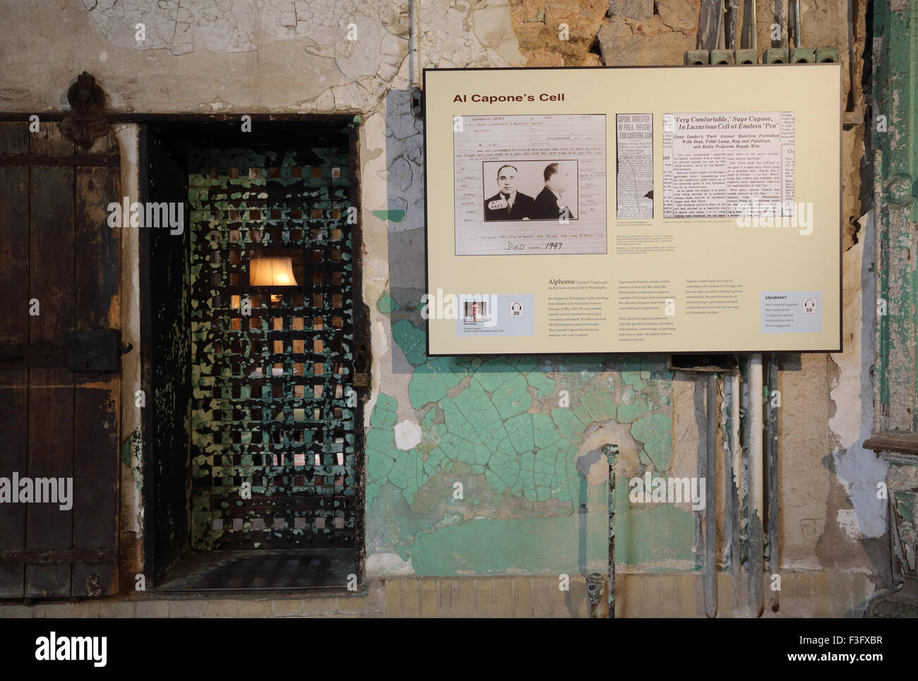Al Capones ehemaligen Zelle an der Eastern State Penitentiary, gebaut im Jahre 1829, jetzt eine touristische Attraktion, in Philadelphia, USA Stockfoto