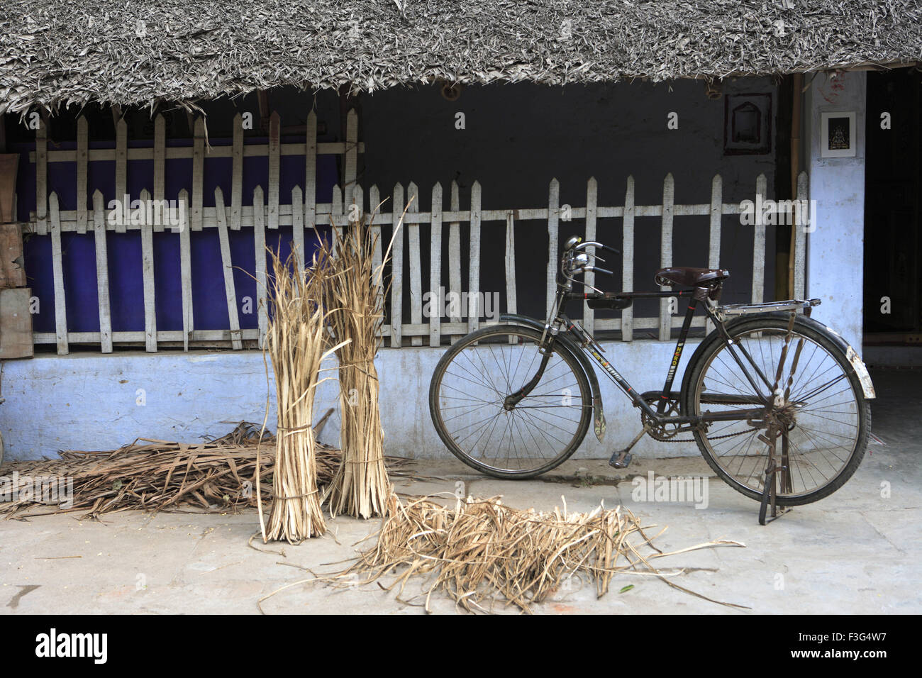 Fahrrad vor dem Haus geparkt, Kanchipuram, Kanchi, Kancheepuram, Tamil Nadu, Indien, Asien Stockfoto