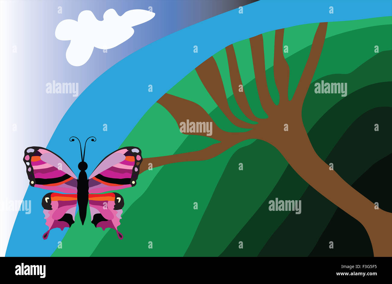 Großer Schmetterling in der Nähe der braunen Baum. Vektor-illustration Stockfoto