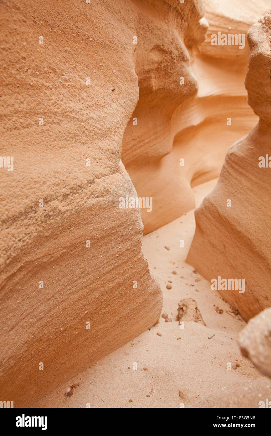 Fuerteventura, Kanarische Inseln, glatte Sandsteinmauern des Barranco de Los Enamorados Stockfoto