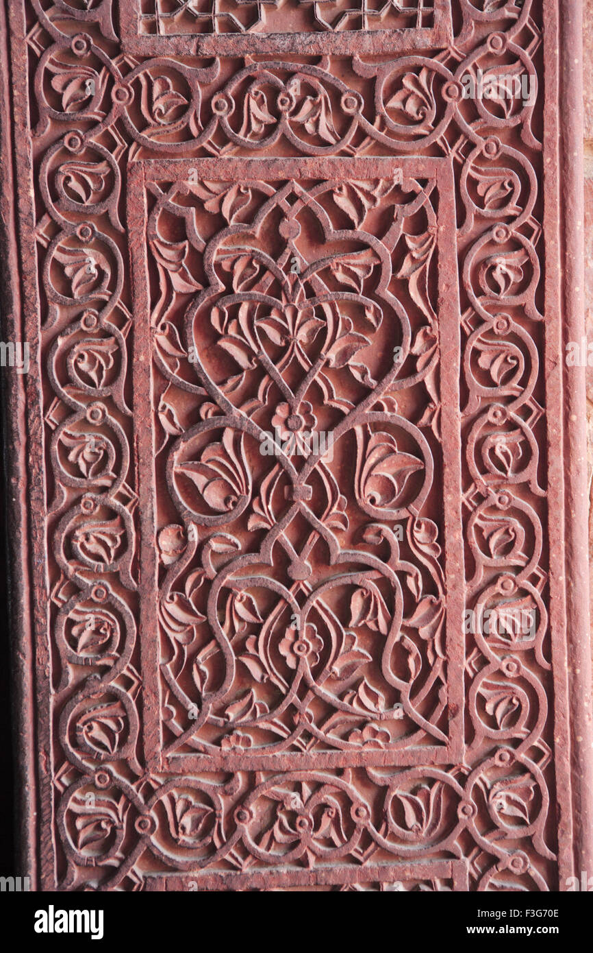 Säule-Details in Birbals Haus in Fatehpur Sikri 16. Jahrhundert rote Sandstein Mughal Reich; Agra; Uttar Pradesh Stockfoto