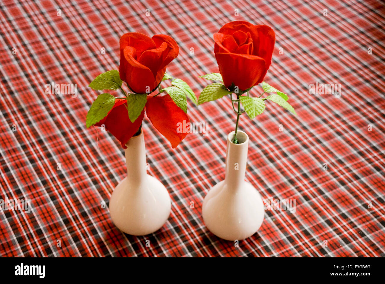 Zwei Vasen mit zwei roten Rosen im Ananta Residence; Mumbai; Maharashtra; Indien Stockfoto