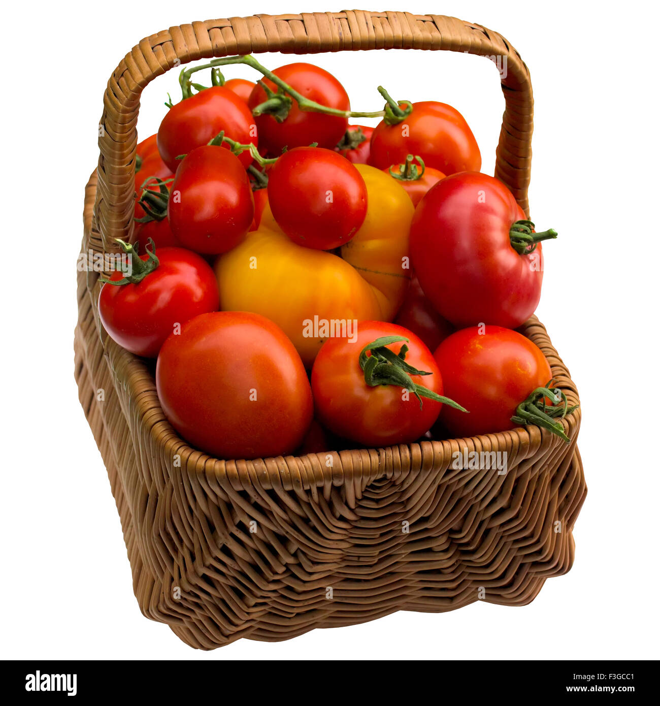 Tomate, reif, Korb, grün, rot, Gemüse, frisch, Tomate, Rebe, Heap. Stockfoto