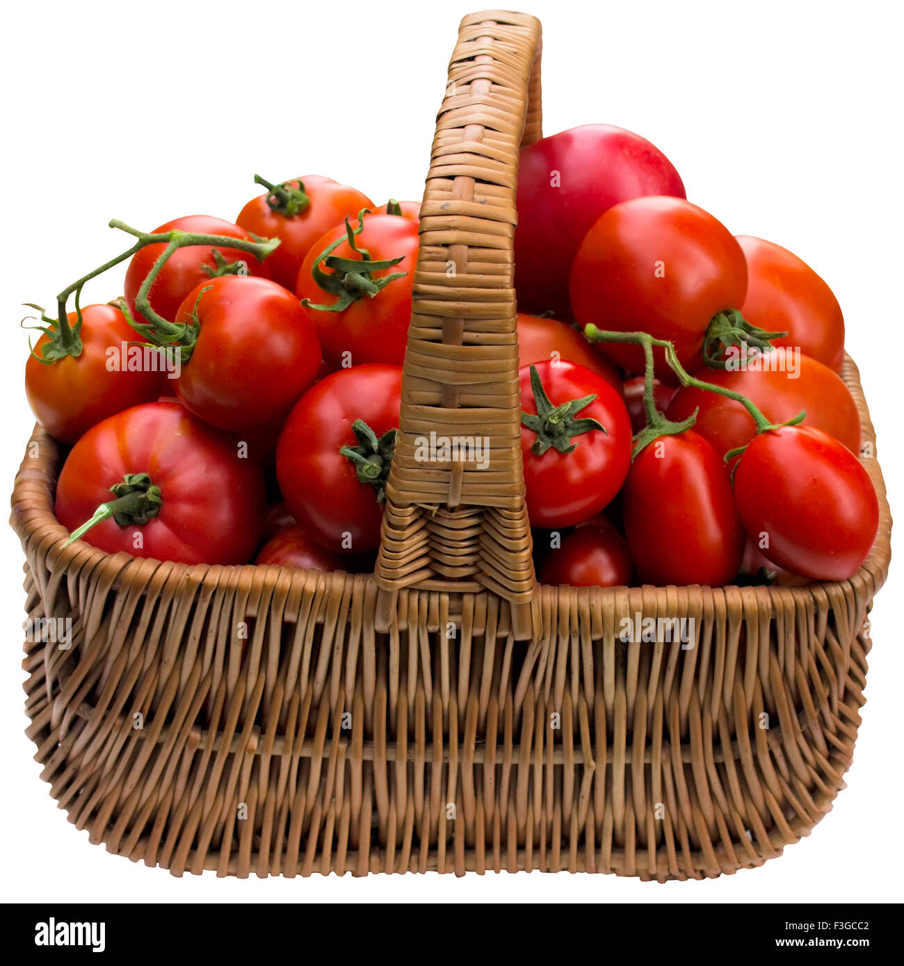 Tomate, reif, Korb, grün, rot, Gemüse, frisch, Tomate, Rebe, Heap. Stockfoto