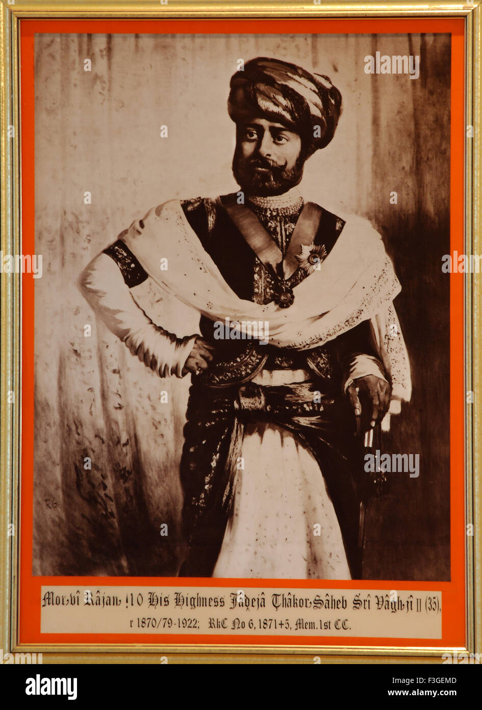 Malerei und alte königliche Porträt Morbi Rajan 10 seine Hoheit Jadeja Thakur Saheb Sri Vaghe Ji II 1870/79 1922; Gujarat Stockfoto