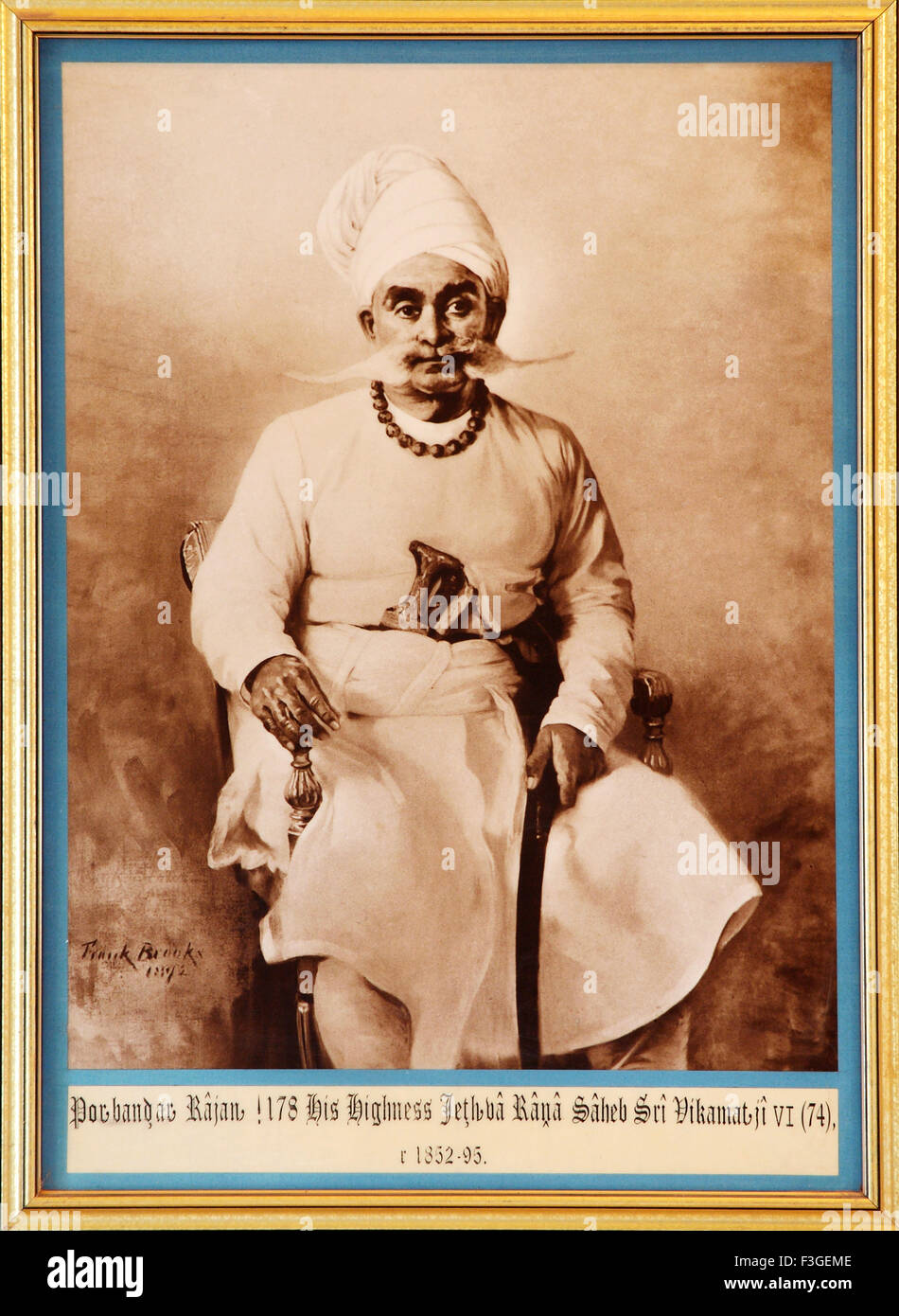 Malerei und alten königlichen Portrait von Porbandar Rajan seine Hoheit Jeth Ba Rana Saheb Sri Vikamat Ji VI 74 1852 95; Gujarat Stockfoto