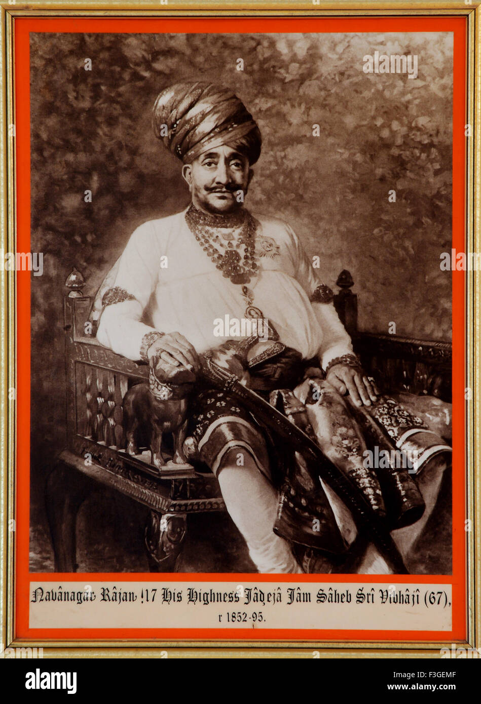 Malerei und alte königliche Porträt Javanagar Rajan 17 seine Hoheit Jadeja Jam Saheb Sri Vibhai Ji 67 1852 95; Gujarat Stockfoto