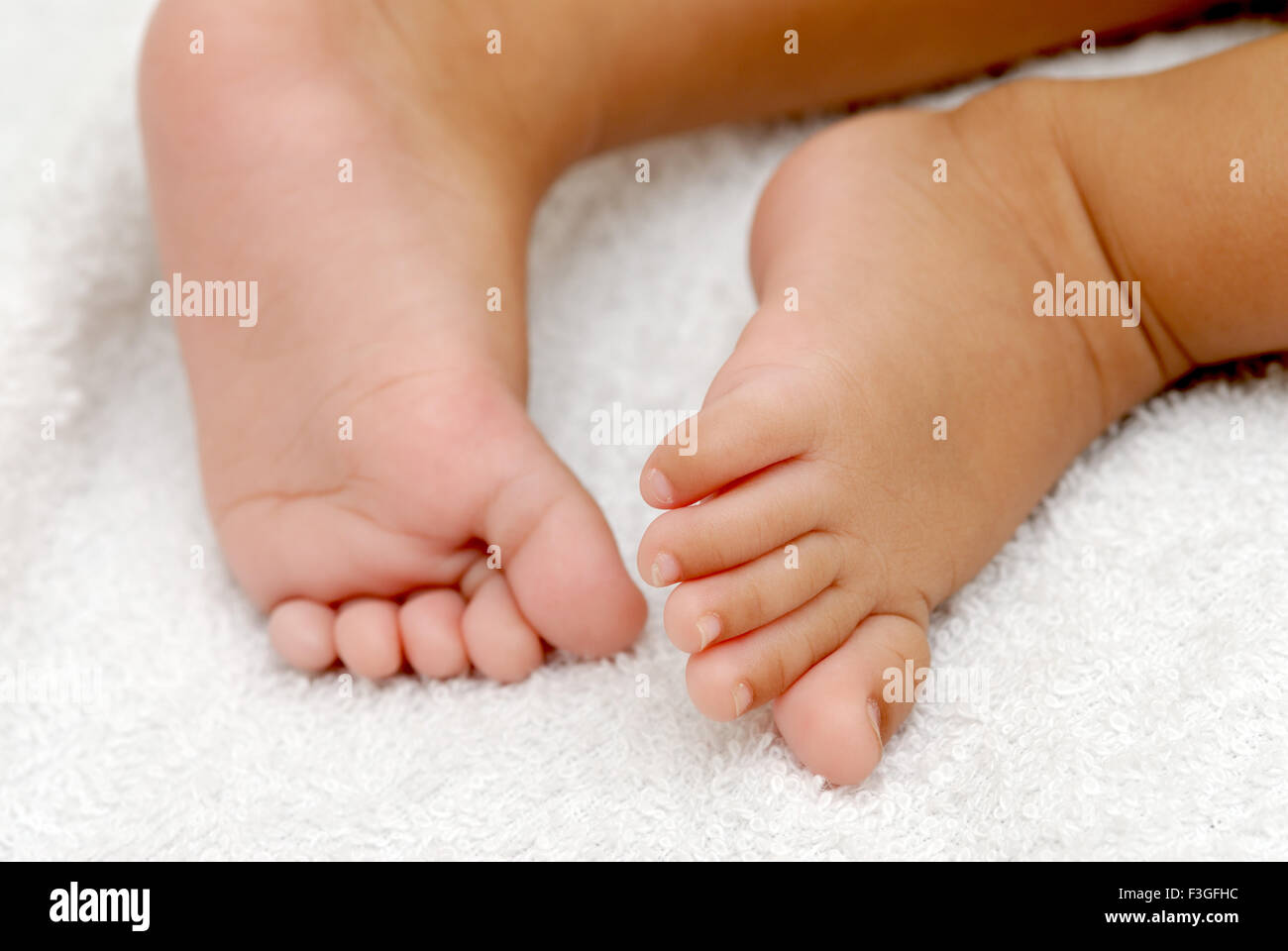Indische baby Beine zarte Closeup auf weißen Handtuch Hintergrund Indien Herr Nr. 512 Stockfoto