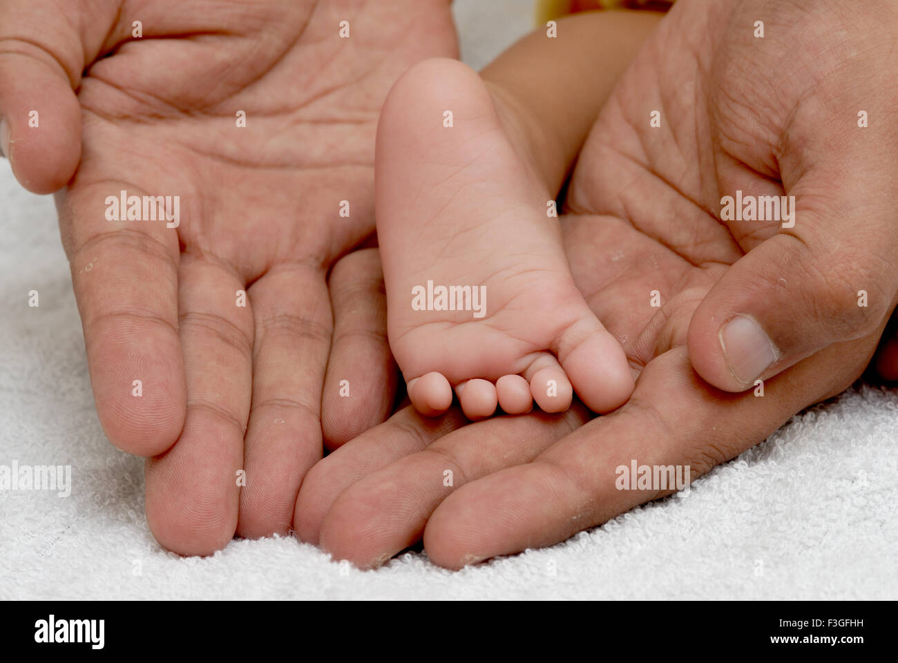 Südasiatische indischen drei Monate alten Baby Bein in Väter Palm; Bombay Mumbai; Maharashtra; Indien Herr #512 Stockfoto