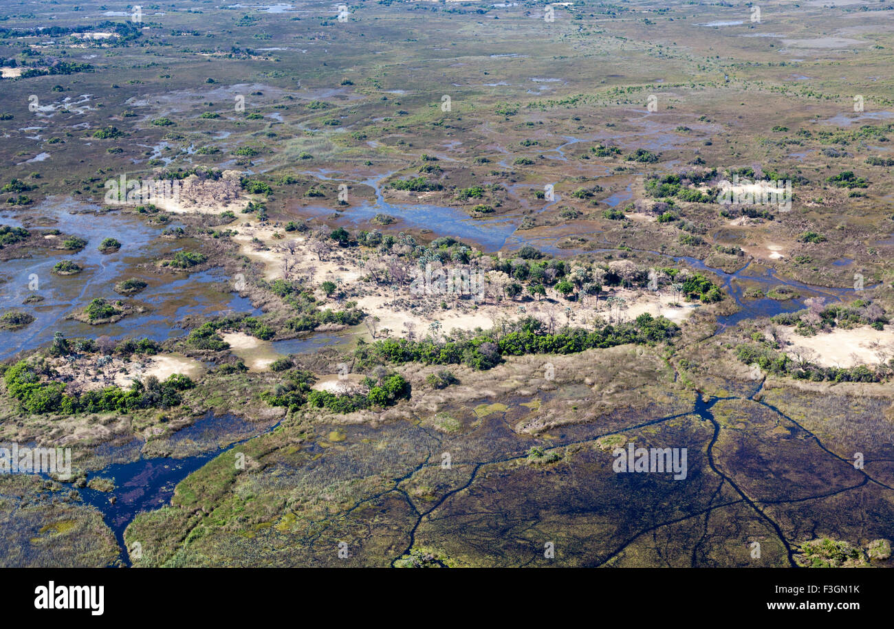 Safari Feuchtgebiete Landschaft aus der Luft - Luftbilder über das Moremi Game Reserve, Okavango Delta, Botswana Kalahari, Nord, Süd Afrika Stockfoto