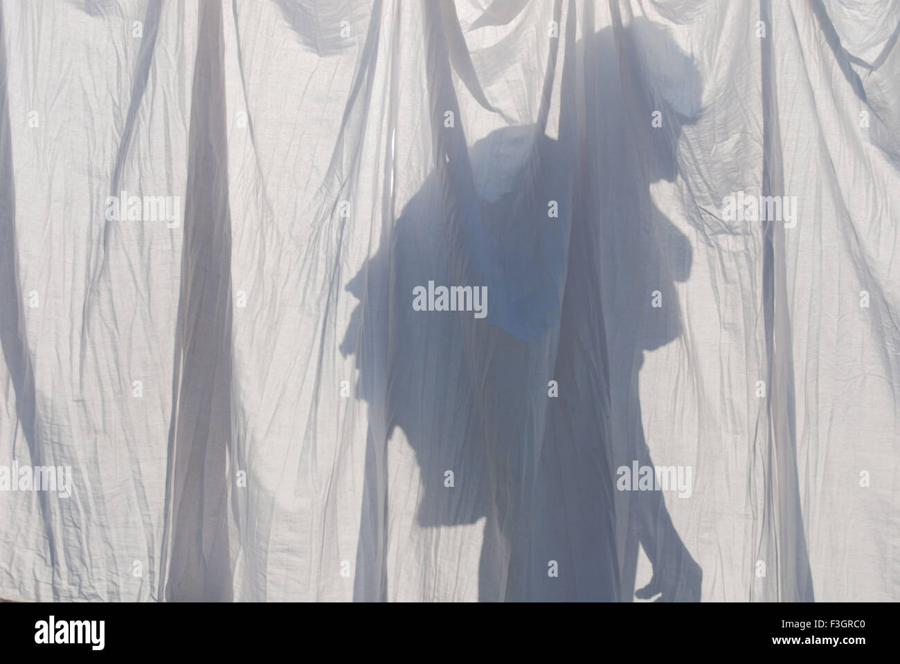 Schatten auf weißem Vorhang, Jodhpur, Rajasthan, Indien, Asien Stockfoto
