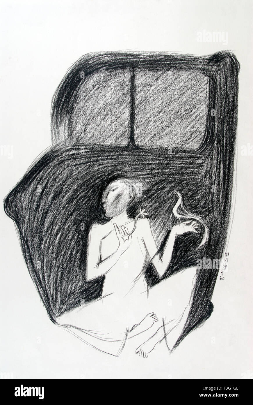 man träumt Auto in seinem Traum Kohlezeichnung auf Büttenpapier Stockfoto