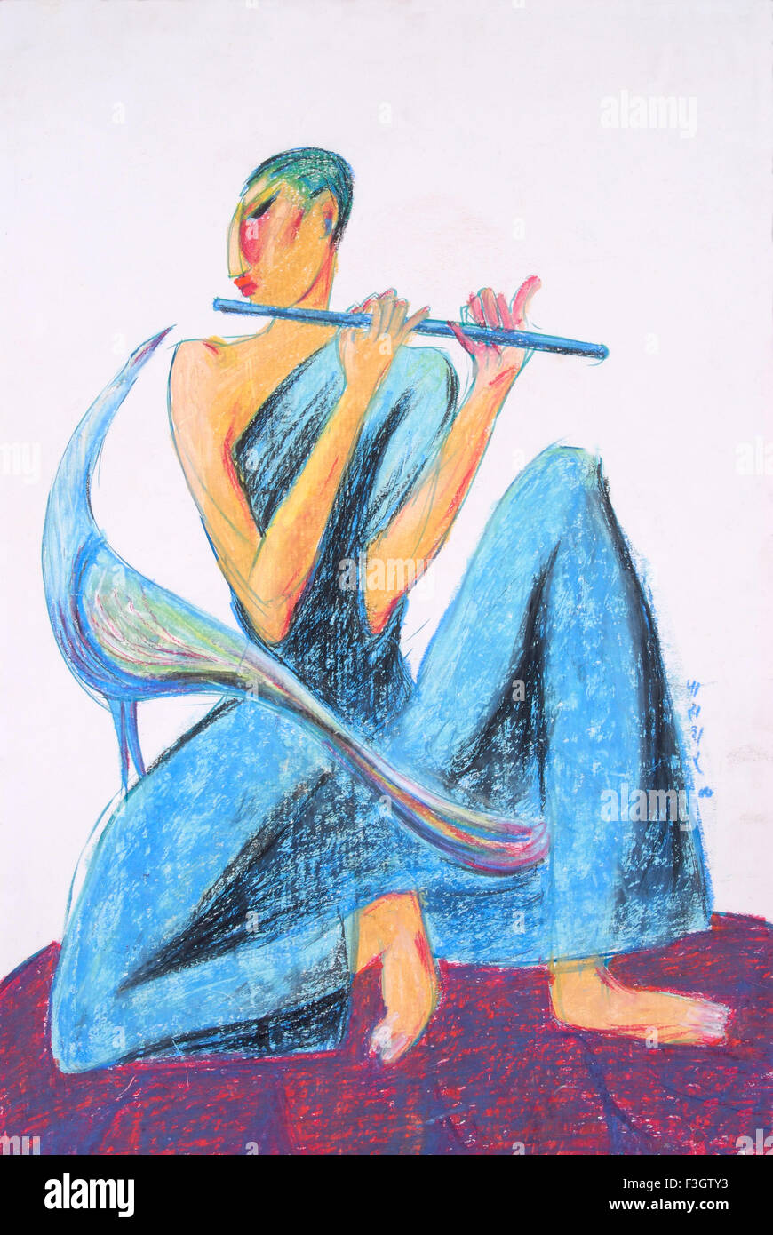 Flötenspieler mit Pfau-Öl-Pastell auf Papier Stockfoto