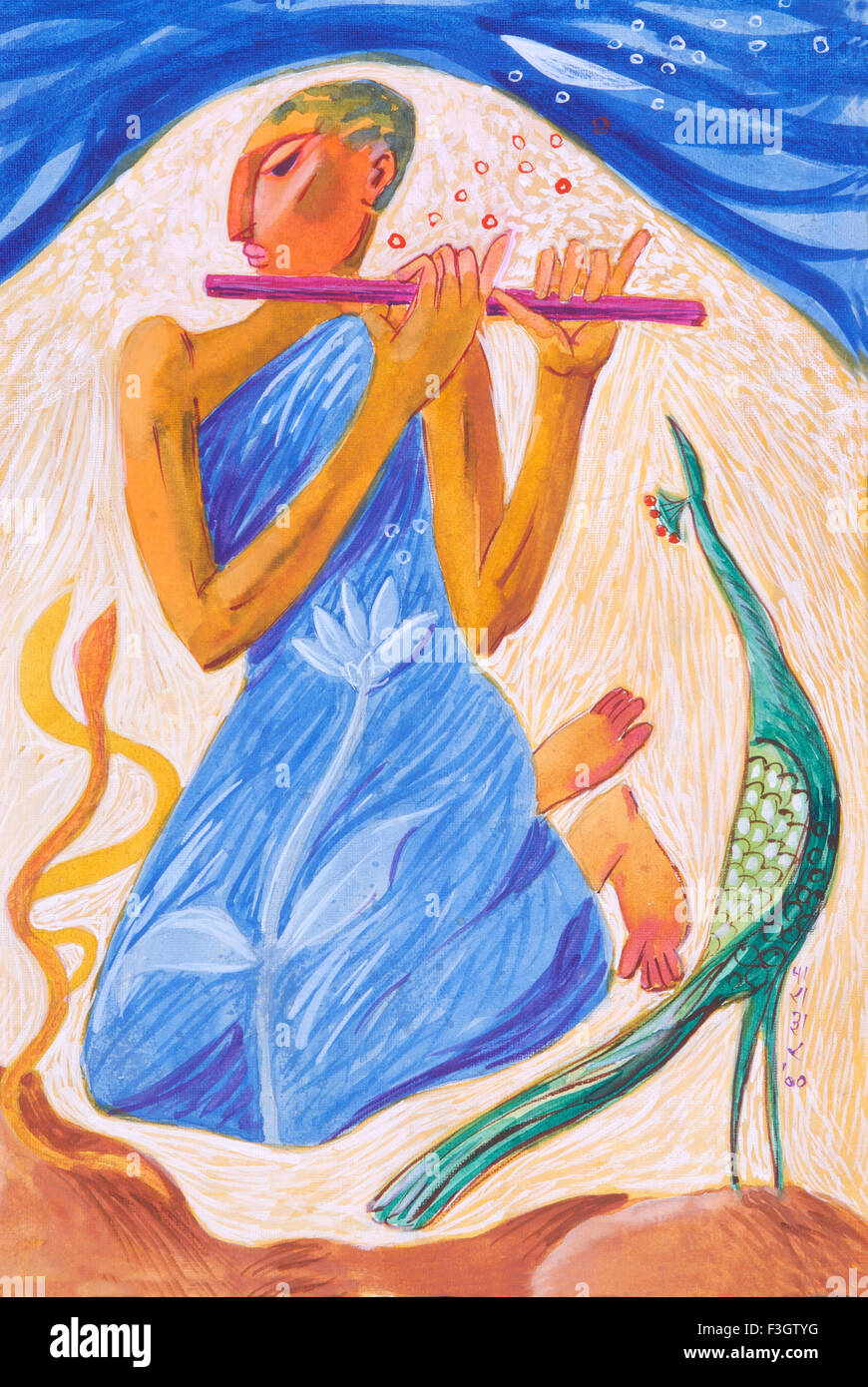 Flute Player mit Schlangen und gemalte Blumen auf seinem Tuch Aquarell Passepartout Pfau Stockfoto