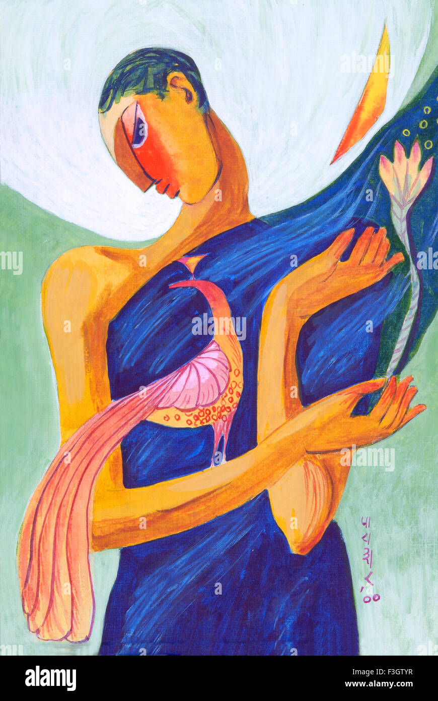 Mann mit Vogel mit Blumen Aquarell auf Passepartout Stockfoto