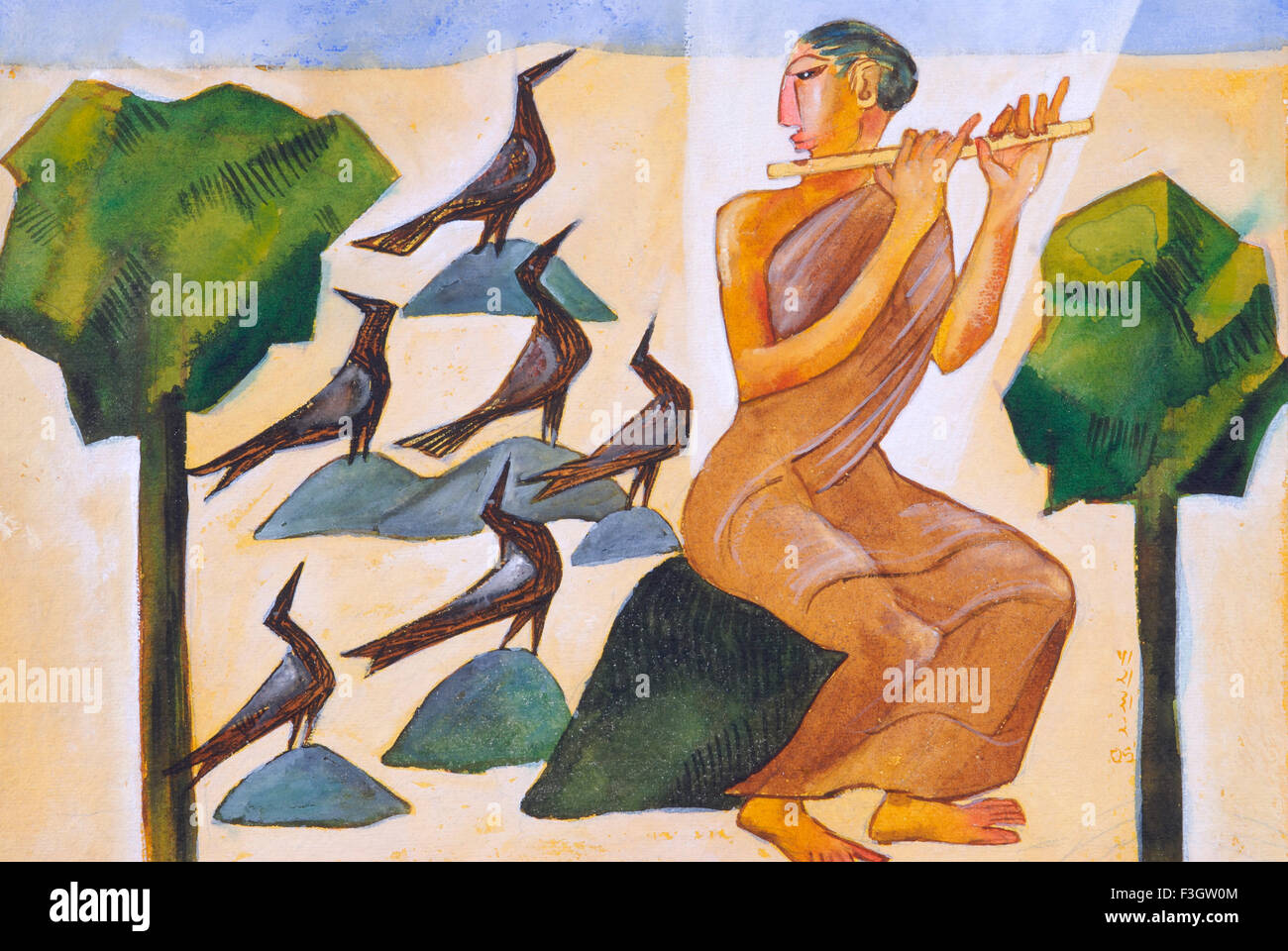 Flötenspieler mit Vögel Krähen Aquarell auf Bütten Stockfoto