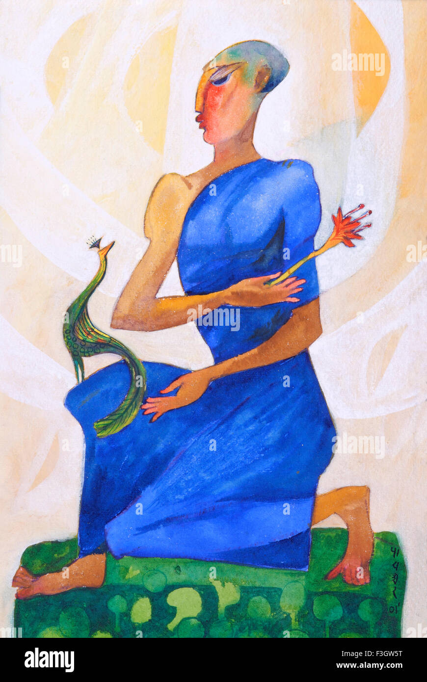 Erinnerung an Guru mit Lotus in der hand Aquarell auf Bütten Stockfoto