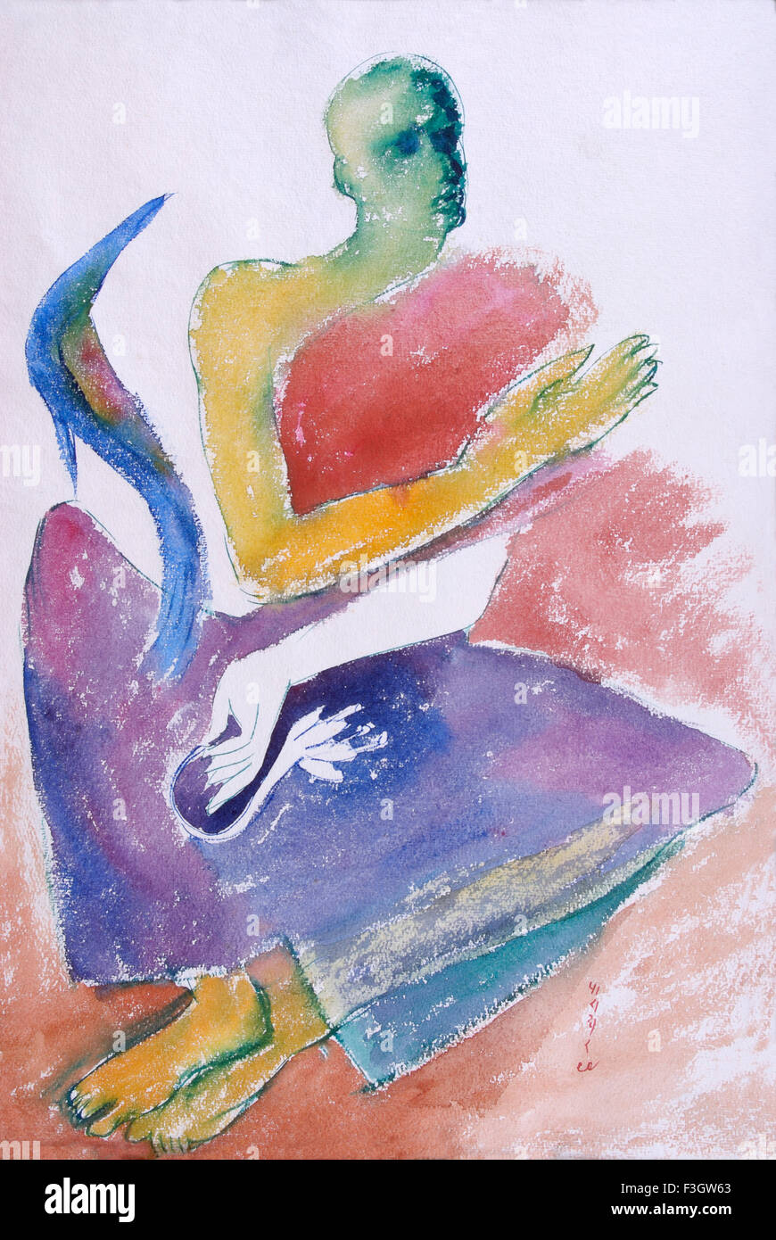 Erinnerung an Guru mit Lotus in der hand Aquarell auf Bütten Stockfoto