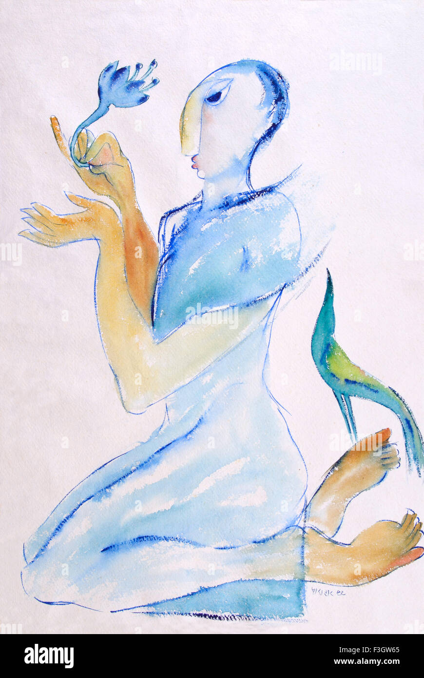 Erinnerung an Guru mit Lotus in der hand Aquarell auf Bütten Stockfoto