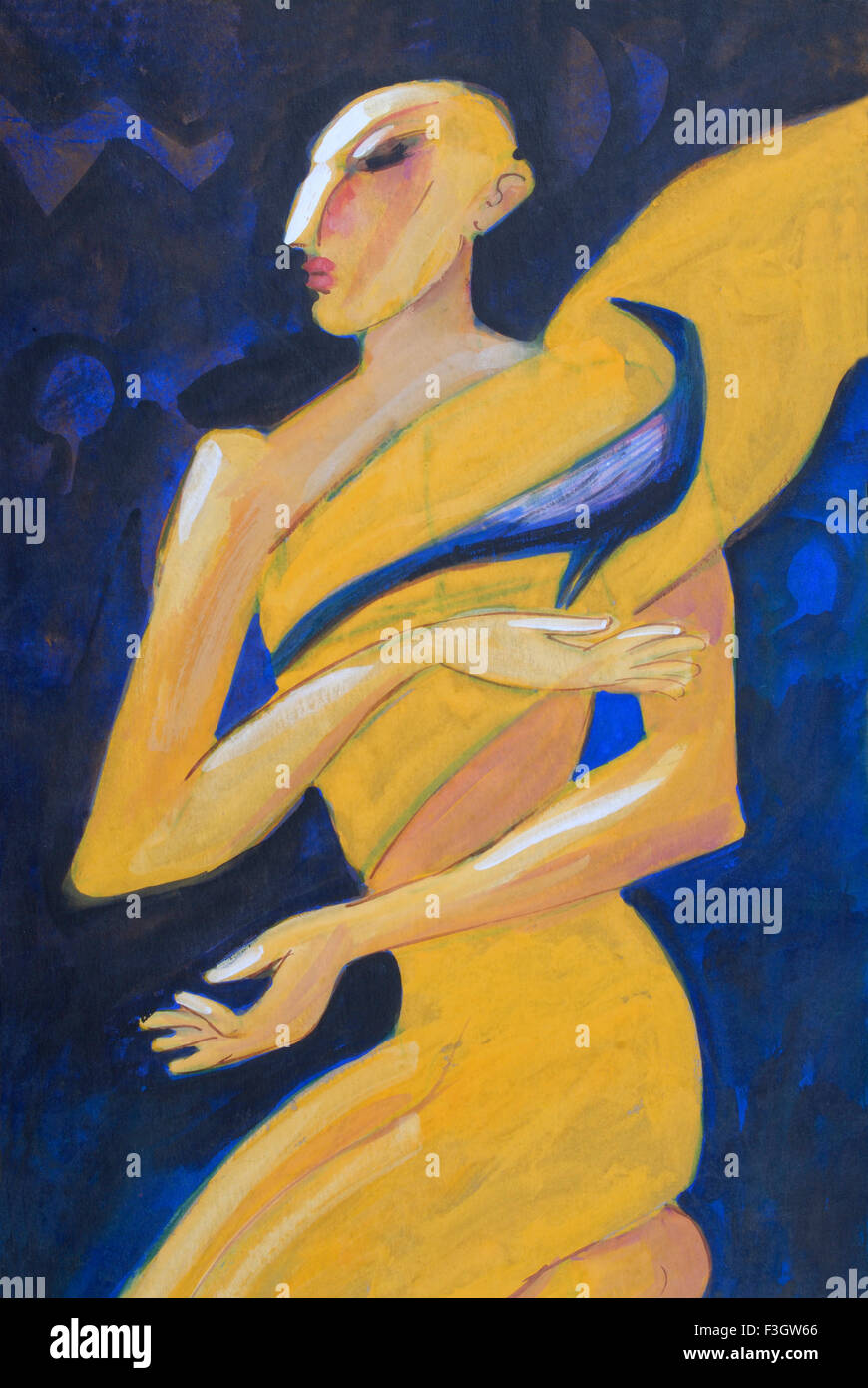 Erinnerung an Guru mit Vogel Koel in der hand Aquarell auf Passepartout Stockfoto