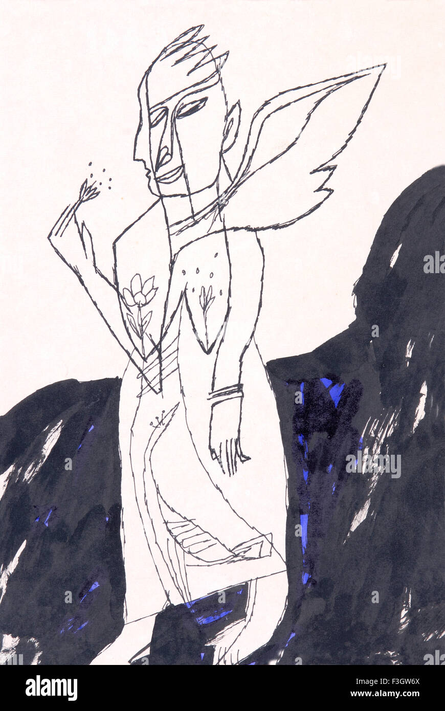 Illustration für Geschichte der eine Mensch und Vogel Tusche-Zeichnung Stockfoto