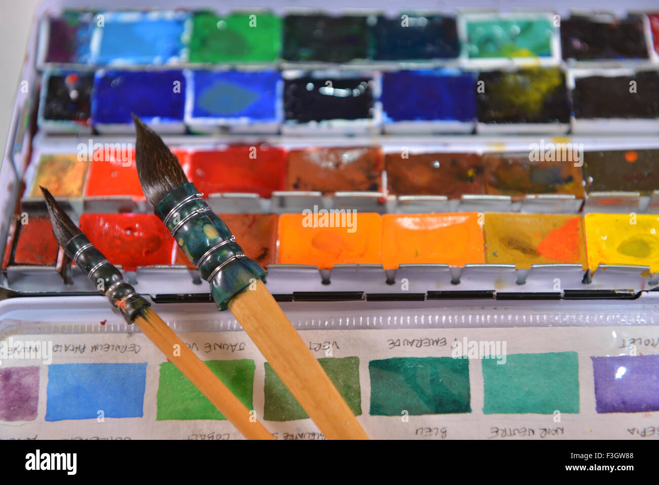 Box von Aquarellen mit zwei Bürsten Stockfoto