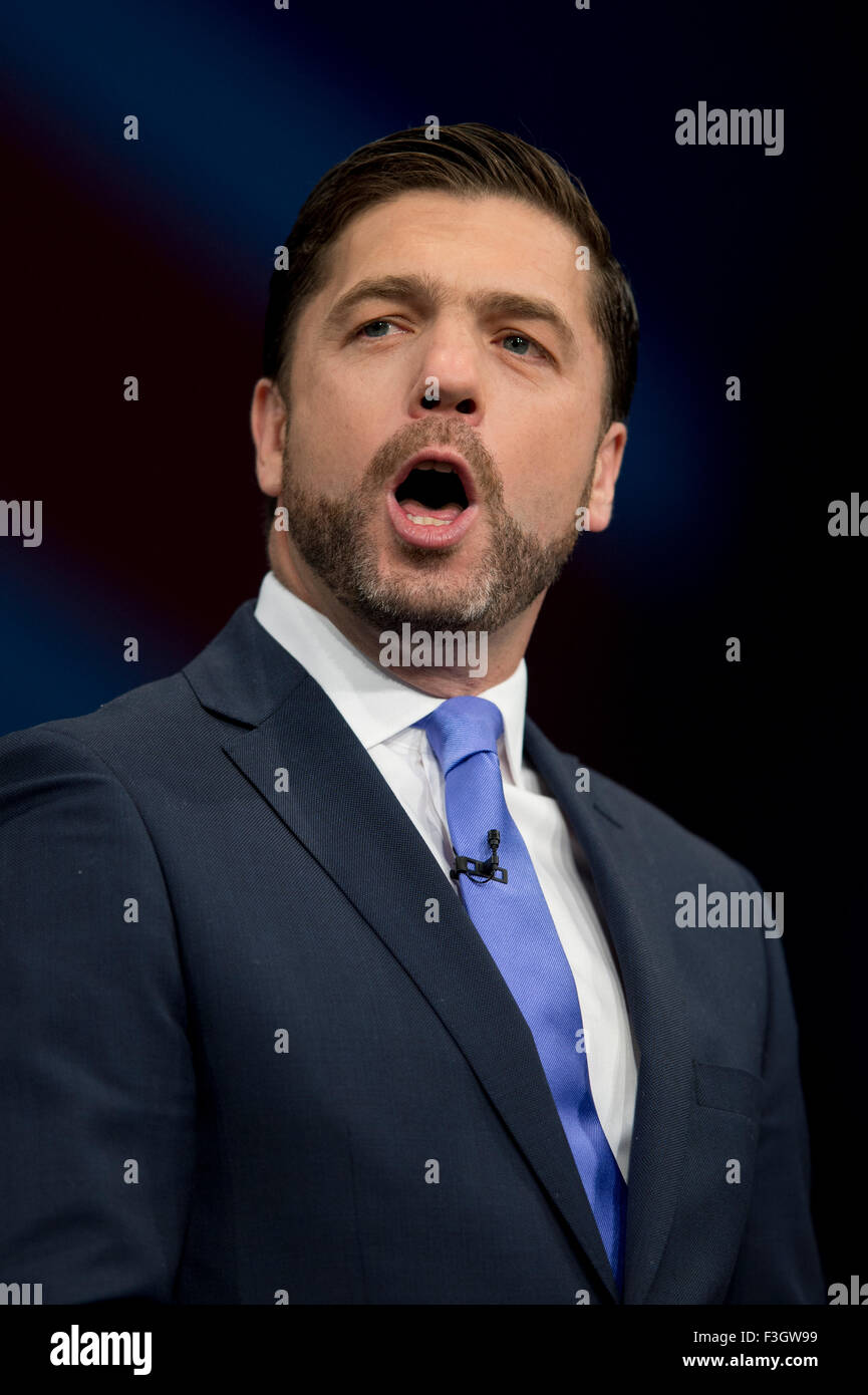 Manchester, UK. 7. Oktober 2015. Die Rt Hon Stephen Crabb MP, Staatssekretär für Wales, spricht bei der 2015 Parteitag der Konservativen in Manchester. Bildnachweis: Russell Hart/Alamy Live-Nachrichten. Stockfoto