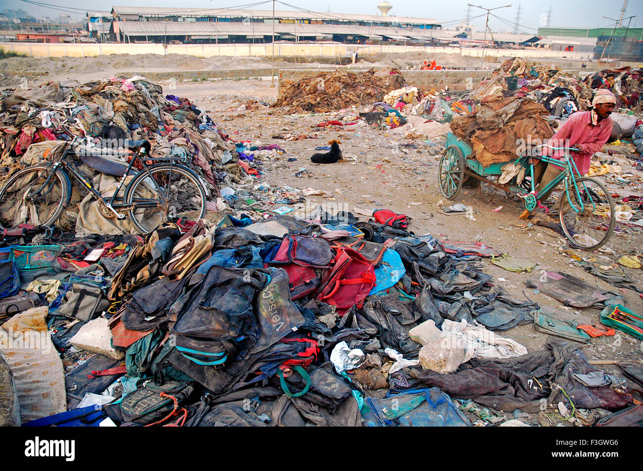 Garbage Collector trägt Tuch Müll auf Dreirad; Gazipur Abladeplatz; Delhi; Indien Stockfoto
