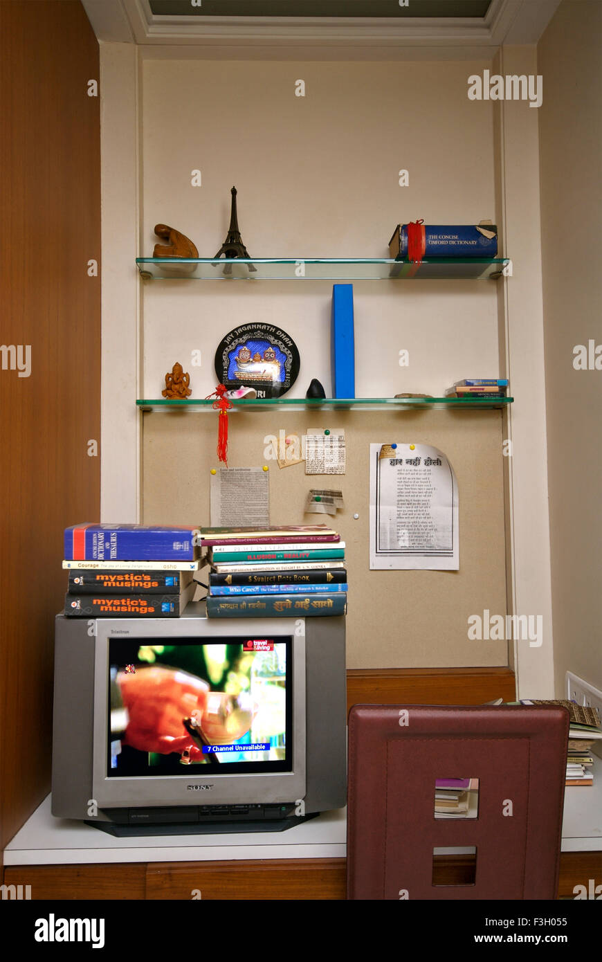 Inneren des Hauses; Fernsehen mit vielen Büchern; Mulund; Bombay Mumbai; Maharashtra; Indien Stockfoto