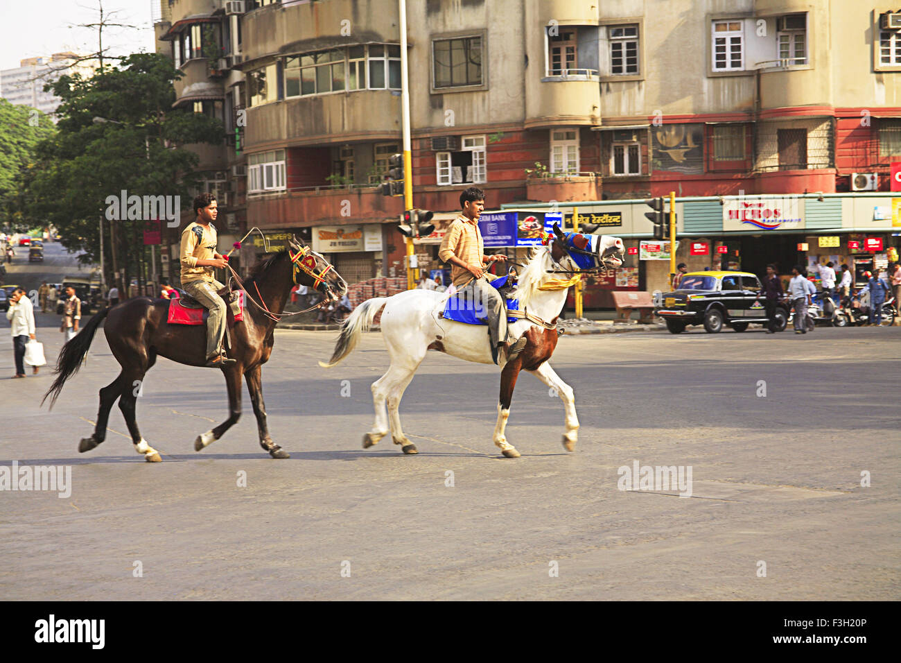 Zwei Männer reiten Pferde; Straße Jagannath Shankarsheth Chowk; Grant Straße; Bombay Mumbai; Maharashtra; Indien Stockfoto