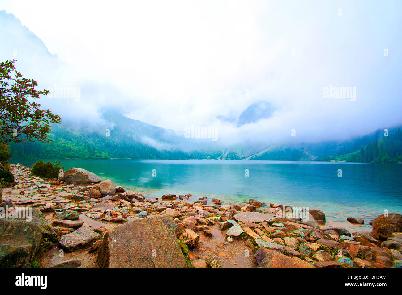 Nebel über See in Bergen. Fantasie und farbenfrohe Naturlandschaft. Natur-Konzeptbild. Morskie Oko in Tatra, Polen. Stockfoto