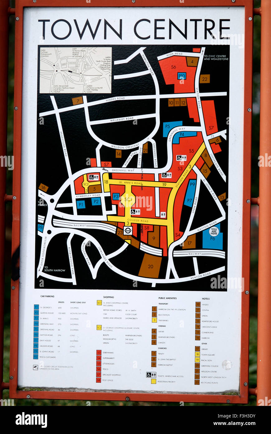 Harrow Zentrum Stadtplan bei Harrow Hill London; Großbritannien-Vereinigtes Königreich-England Stockfoto