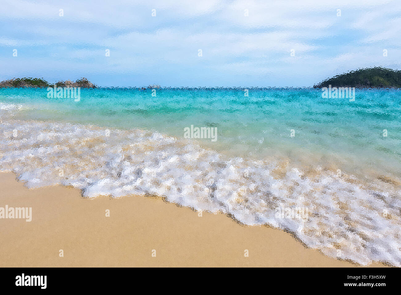 Verschwommenes Foto von Glasfilter für Hintergrund schöne Landschaft Blau des Meeres und weißen Wellen am Strand im Sommer bei Koh Miang Stockfoto
