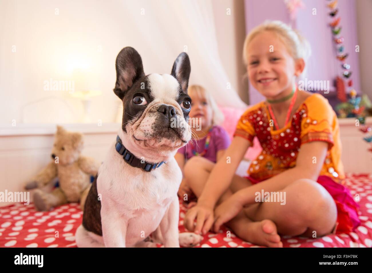 Porträt von niedlichen Hund und zwei junge Schwestern auf Bett Stockfoto