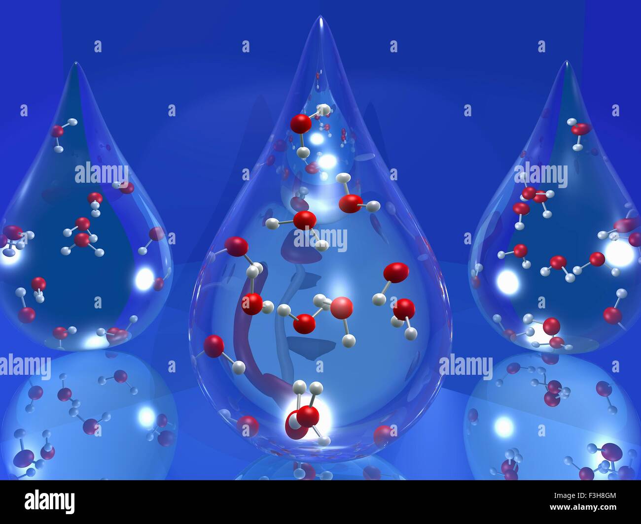3D Computer Grafik Illustration eines Tropfens Wasser mit Wassermolekülen im Inneren Stockfoto