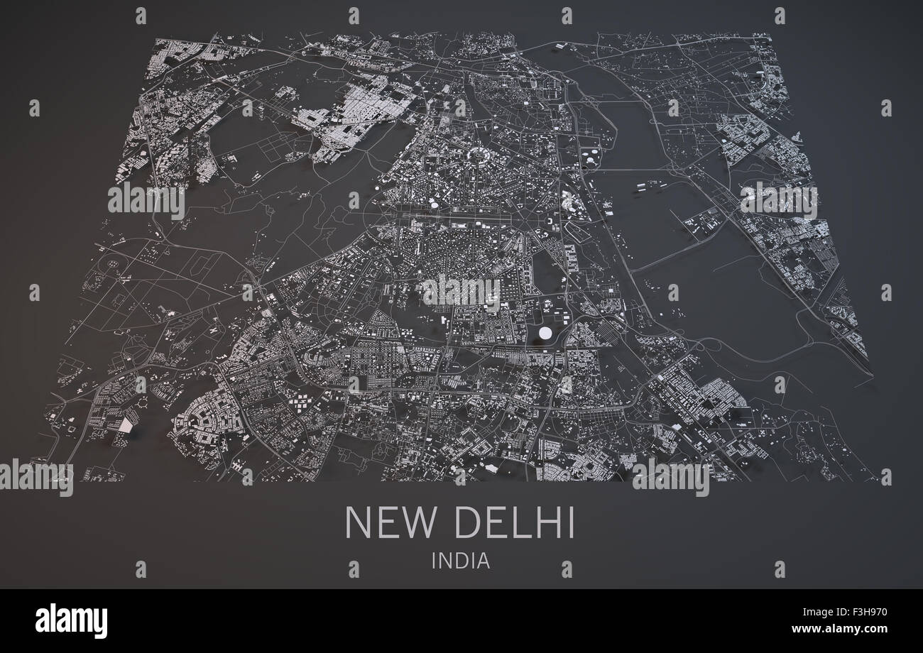 Karte von Neu-Delhi, Indien, Satelliten-Ansicht Karte in 3d. Schwarz / weiß Stockfoto