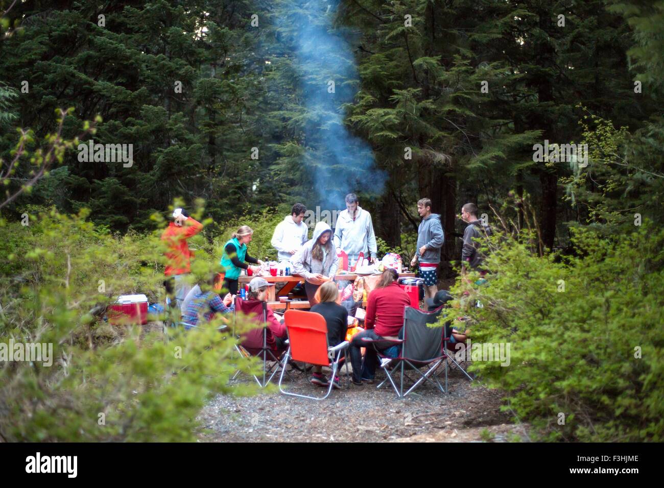 Gruppe von Freunden mit Picknick im Wald Stockfoto