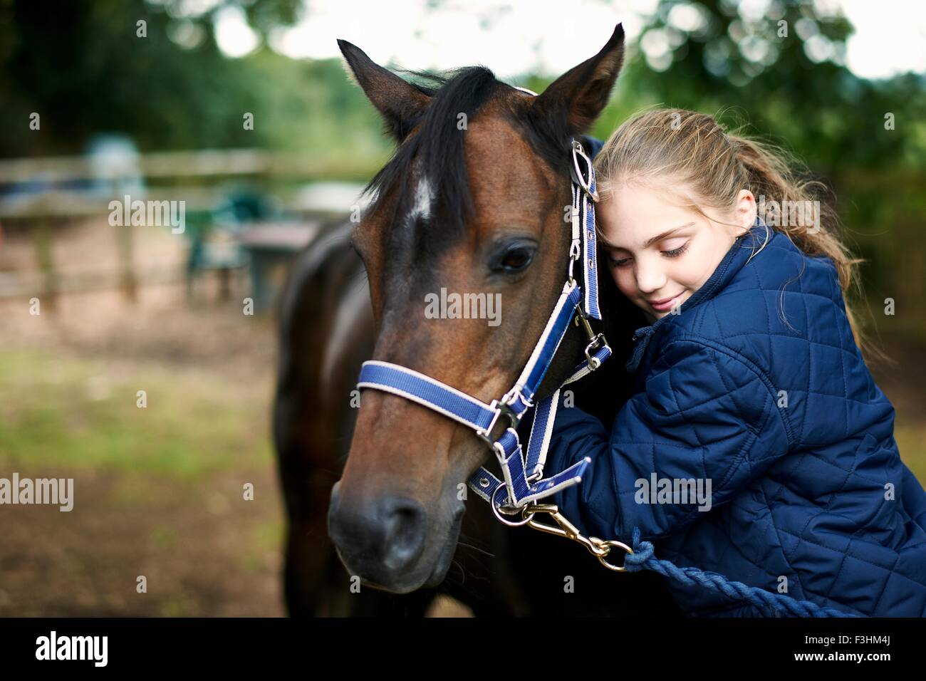 Mädchen Reiterin umarmt Pferd Stockfoto