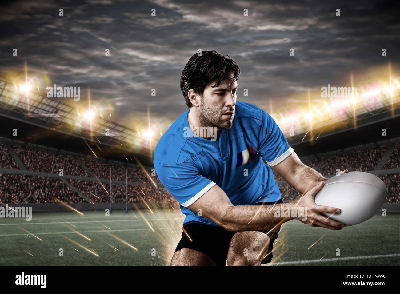 Französischer Rugby-Spieler tragen eine blaue uniform in einem Stadion. Stockfoto